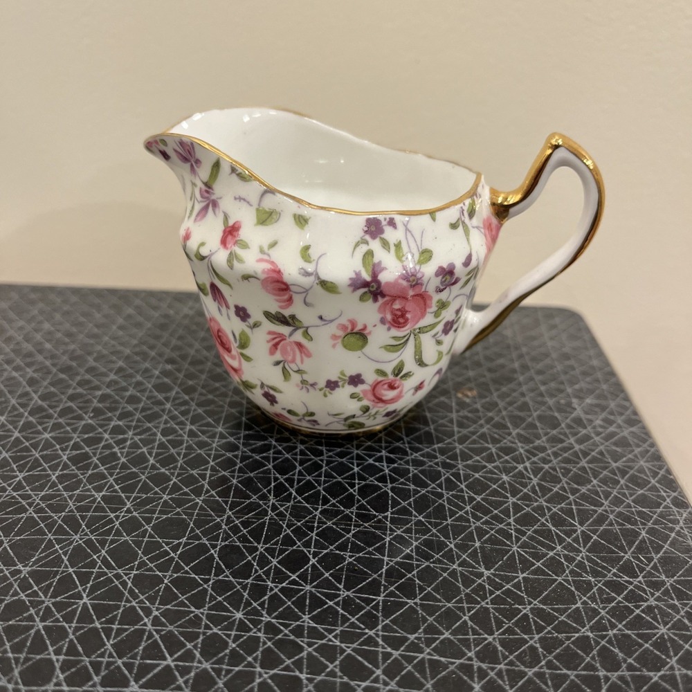 Clarence Bone China Pink Floral Chintz Milk Pitcher, Petite, Gold Trim Handle